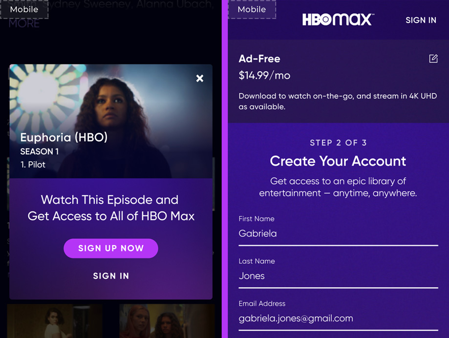 HBO Max episode detail modals
