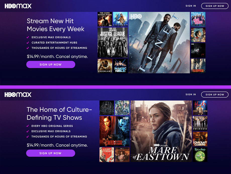 HBO Max LP hero image designs