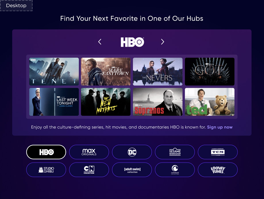 HBO Max homepage brand hub