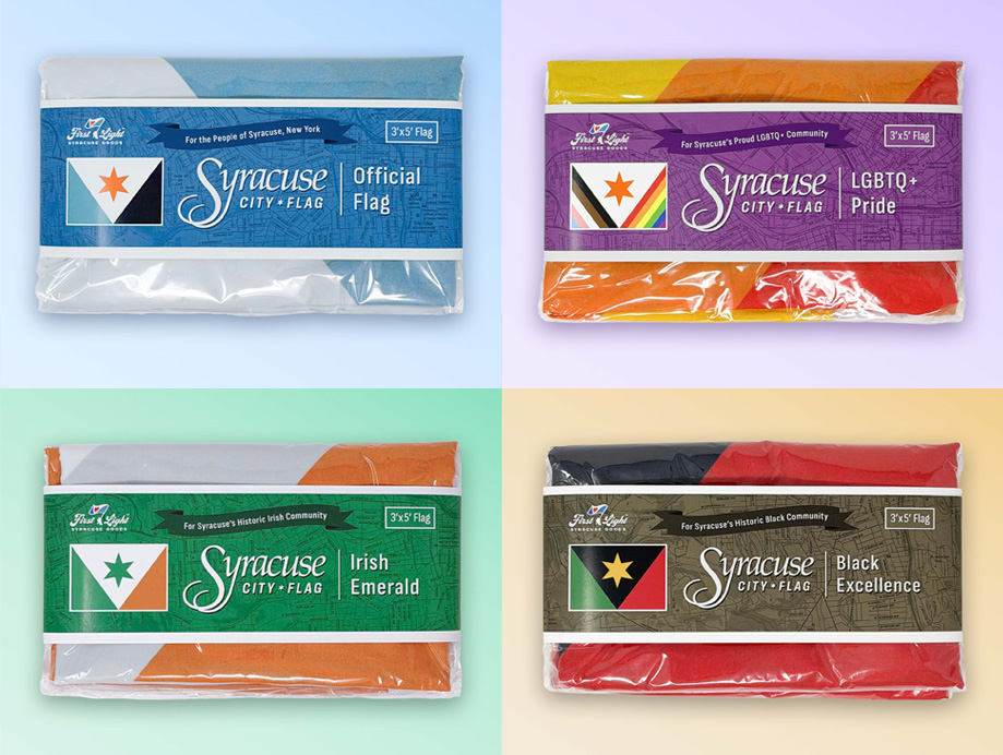 Four variations of the Syracuse city flag