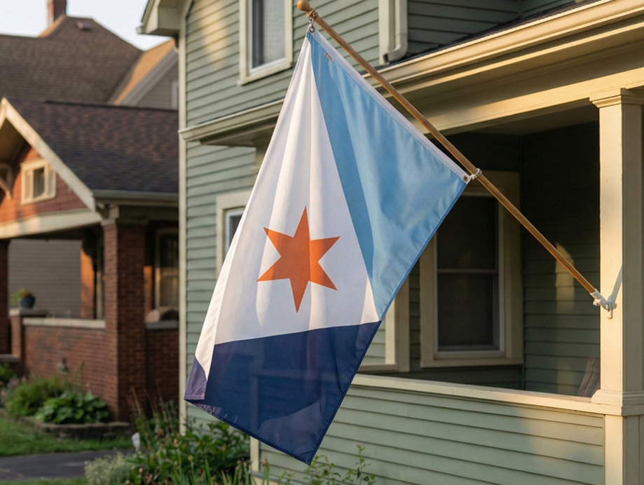 The Syracuse city flag attached to a home via a flagpole and waving in the wind