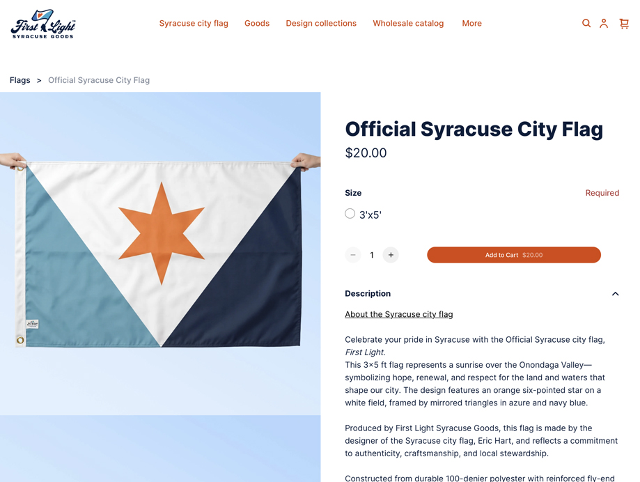 Screenshot of the Syracuse city flag product page at firstlightsyr.com